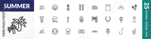 outline summer icons set. editable linear sun at sea, dispenser, fig, and other 22 icons in this category isolated on transparent background.