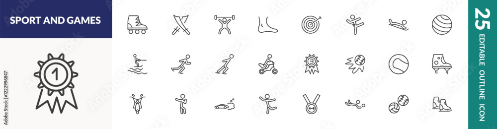 outline sport and games icons set. editable linear roller skate, weight lifting, bullseye, and other 22 icons in this category isolated on transparent background. outline sport and games icons set. editable linear roller skate, weight lifting, bullseye, and other 22 icons in this category isolated on transparent background.