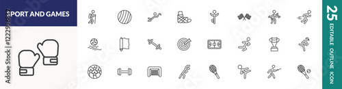 outline sport and games icons set. editable linear trekking, waiter falling, yoga posture, and other 22 icons in this category isolated on transparent background.