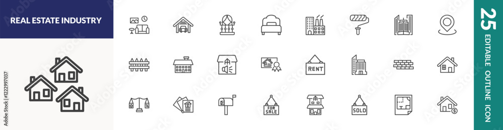 outline real estate industry icons set. editable linear house decoration, balcony, industrial park, and other 22 icons in this category isolated on transparent background. outline real estate industry icons set. editable linear house decoration, balcony, industrial park, and other 22 icons in this category isolated on transparent background.