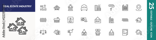 outline real estate industry icons set. editable linear house decoration, balcony, industrial park, and other 22 icons in this category isolated on transparent background.