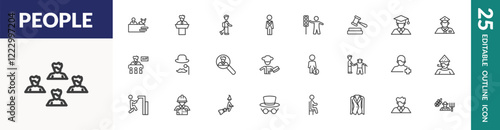 outline people icons set. editable linear vet with cat, children in school, traffic hand, and other 22 icons in this category isolated on transparent background.