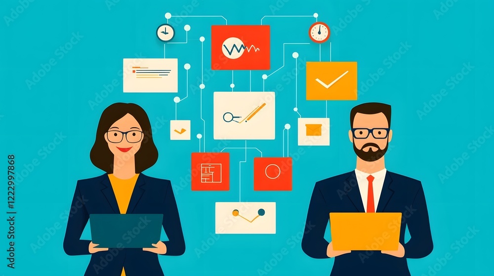 Business Professionals Collaborate on Digital Workflows and Strategies in Office Setting Business Professionals Collaborate on Digital Workflows and Strategies in Office Setting
