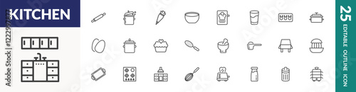 outline kitchen icons set. editable linear rolling pin, pastry bag, recipe, and other 22 icons in this category isolated on transparent background.