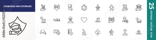 outline insurance and coverage icons set. editable linear finances, marriage contract, unemployed, and other 22 icons in this category isolated on transparent background.