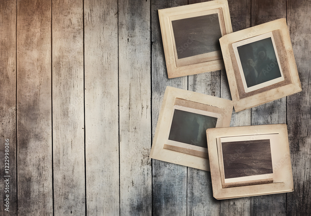 Three Blank Rustic Wooden Picture Frames on Weathered Wooden Background Three Blank Rustic Wooden Picture Frames on Weathered Wooden Background