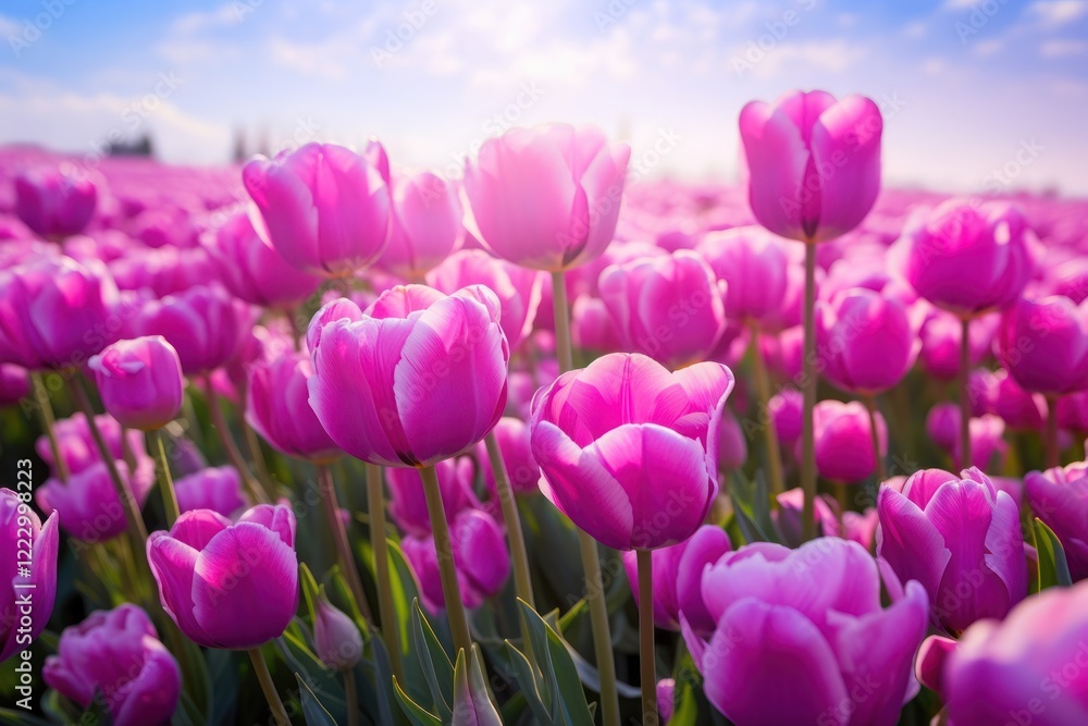 Obraz premium Purple tulips field flower landscape outdoors.
