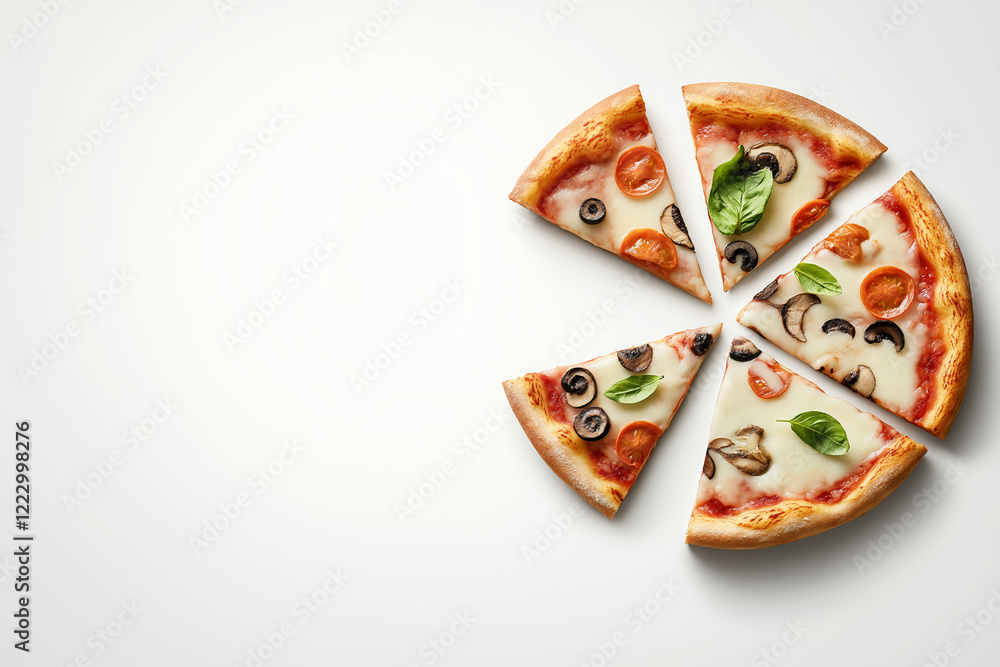 Delicious sliced pizza on neutral background with space for text