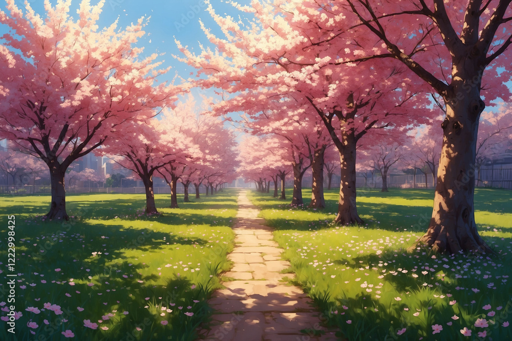 Naklejka premium Blooming cherry trees, warm pink blossoms, sunlit shadows, flying petals, serene spring anime scene