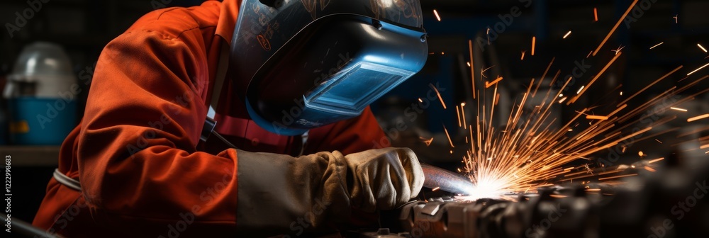 A close-up shot of a skilled worker operating an angle grinder on metal, sending a shower of bright sparks across the workshop, highlighting the intensity of industrial craftsmanship.