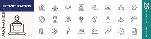 outline distance learning icons set. editable linear online education, asynchronous learning, online course, and other 22 icons in this category isolated on transparent background.
