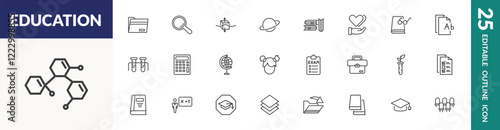 outline education icons set. editable linear black folder, archimedes principle, three books, and other 22 icons in this category isolated on transparent background.