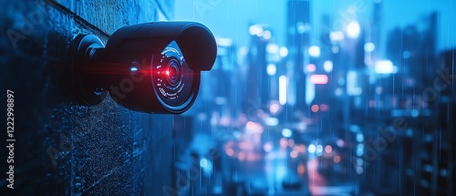 Closeup of a CCTV security camera with a bluetinted smart city skyline, representing advanced urban surveillance systems, digital technology, ultrarealistic, 4K resolution photo