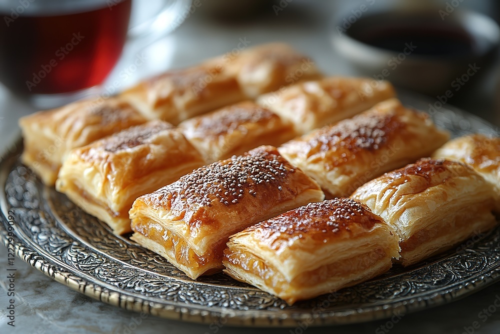 Golden-brown pastries arranged on an ornate platter ready to be enjoyed Golden-brown pastries arranged on an ornate platter ready to be enjoyed
