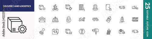 outline delivery and logistics icons set. editable linear delivery info, delivery shield, tracking, and other 22 icons in this category isolated on transparent background.