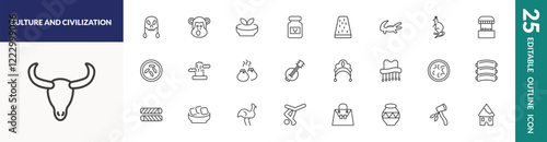 outline culture and civilization icons set. editable linear native american skull, gazpacho, turron, and other 22 icons in this category isolated on transparent background.