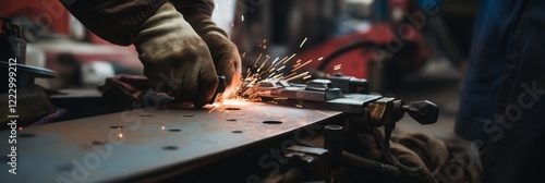 Obraz na płótnie A worker expertly grinds metal with an angle grinder, generating a cascade of sparks in a dynamic workshop environment. w salonie