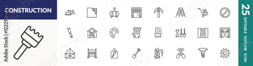 outline construction icons set. editable linear derrick with tong, , inclined picker, and other 22 icons in this category isolated on transparent background.