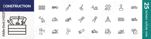 outline construction icons set. editable linear garden fence, short shovel, derrick with box, and other 22 icons in this category isolated on transparent background.
