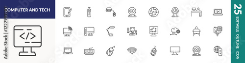outline computer and tech icons set. editable linear tablet tool, book and computer mouse, chips, and other 22 icons in this category isolated on transparent background.