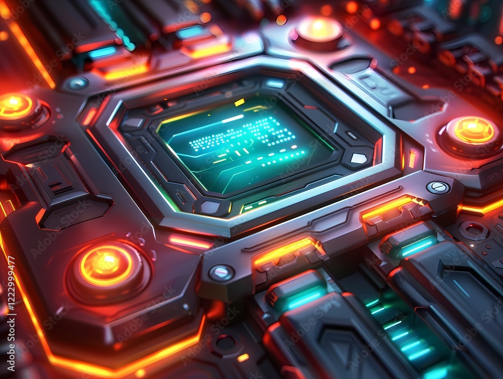 Fototapeta premium A close-up of a CPU on a motherboard, illuminated by vibrant orange and pink neon lights. The intricate circuitry and glowing pathways create a futuristic, high-tech atmosphere.