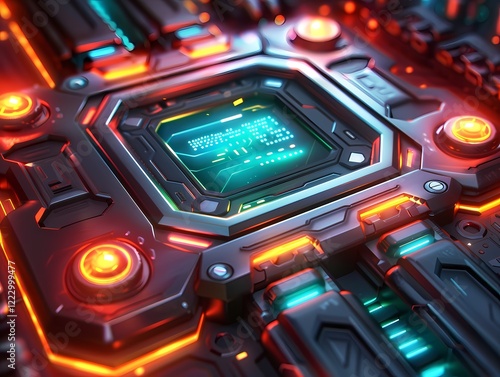 A close-up of a CPU on a motherboard, illuminated by vibrant orange and pink neon lights. The intricate circuitry and glowing pathways create a futuristic, high-tech atmosphere.