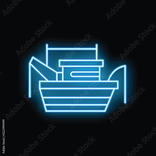 Glowing neon line fishing boat icon isolated on a black background, vector illustration