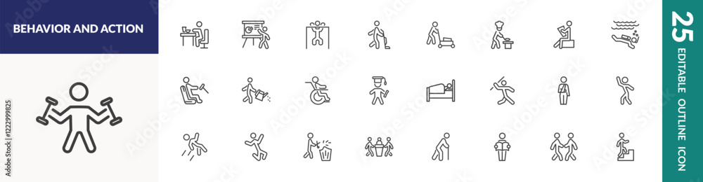 outline behavior and action icons set. editable linear man eating, man lifting bar, cutting lawn, and other 22 icons in this category isolated on transparent background. outline behavior and action icons set. editable linear man eating, man lifting bar, cutting lawn, and other 22 icons in this category isolated on transparent background.