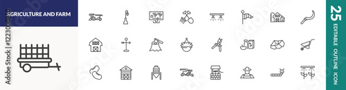 outline agriculture and farm icons set. editable linear combine harvester, smart farm, sprinkler, and other 22 icons in this category isolated on transparent background.