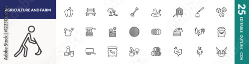 outline agriculture and farm icons set. editable linear capsicum, self-sufficient, manure, and other 22 icons in this category isolated on transparent background.