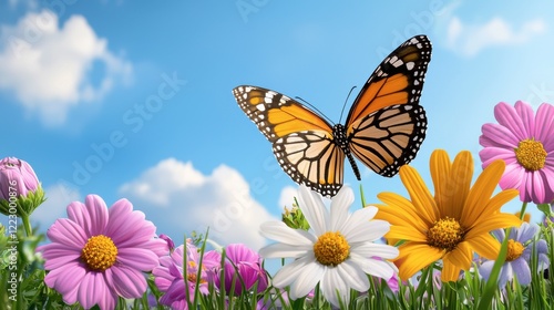 Colorful Butterfly Perched on Vibrant Flowers Under Clear Sky