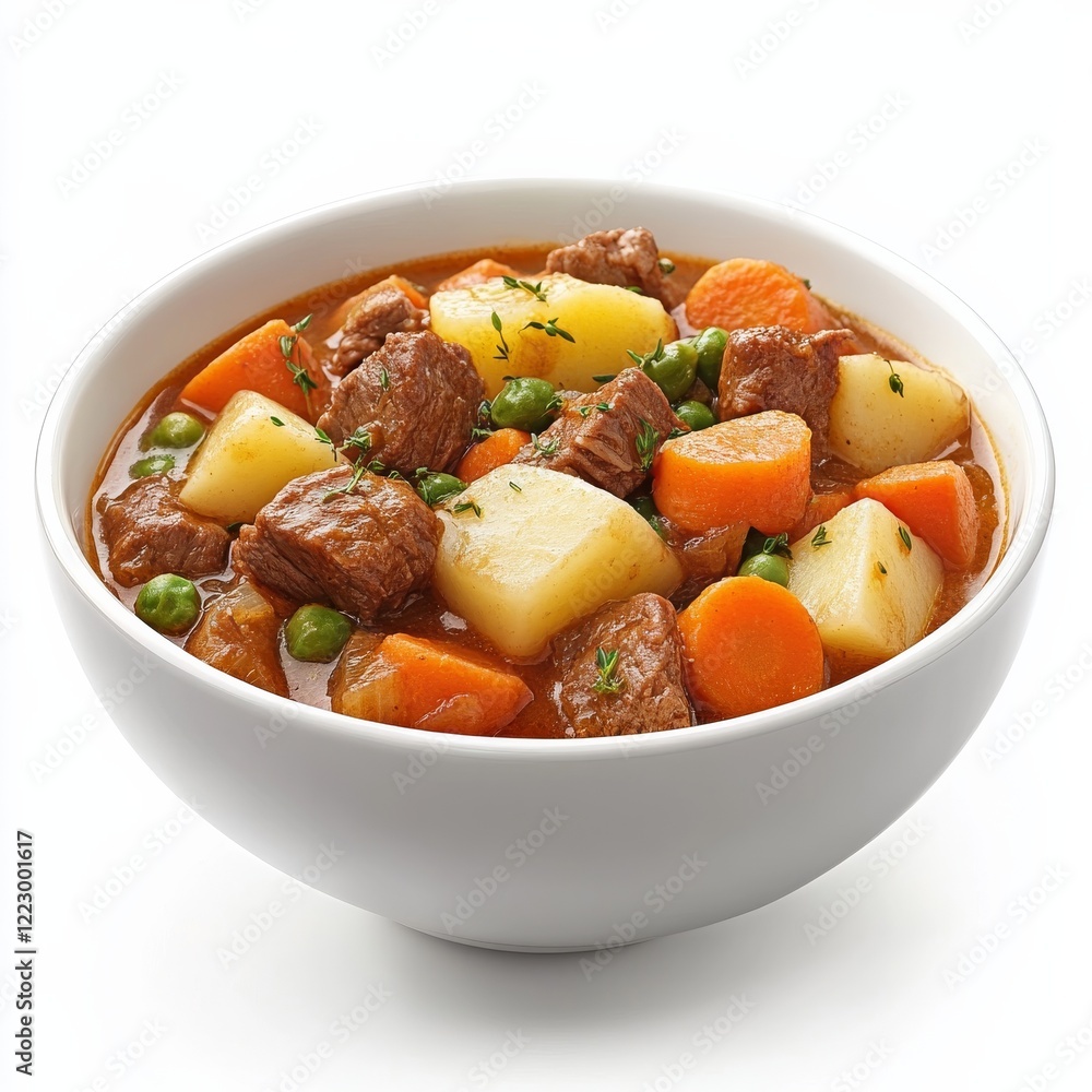 A bowl of hearty beef and vegetable stew with potatoes and carrots, isolated white background, minimalist art style A bowl of hearty beef and vegetable stew with potatoes and carrots, isolated white background, minimalist art style