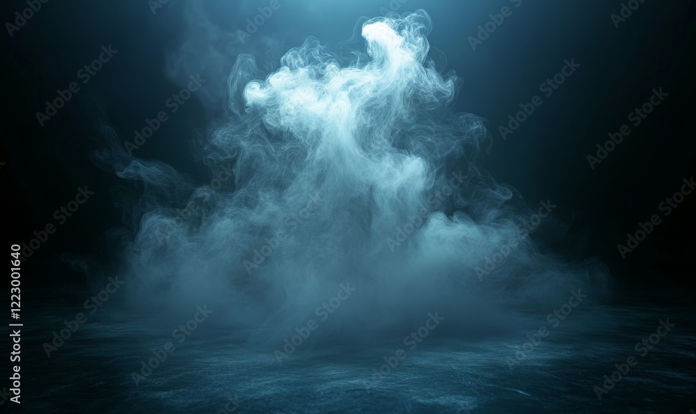 Mystical mist swirling with a radiant spotlight shining through the darkness.