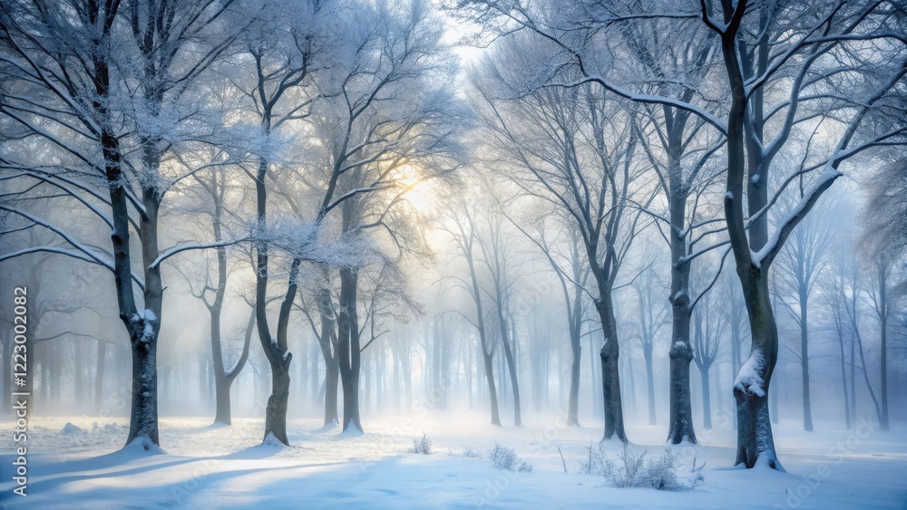 Snow covered forest with bare trees and misty atmosphere, peaceful, nature, peaceful, nature, frozen, serene Snow covered forest with bare trees and misty atmosphere, peaceful, nature, peaceful, nature, frozen, serene