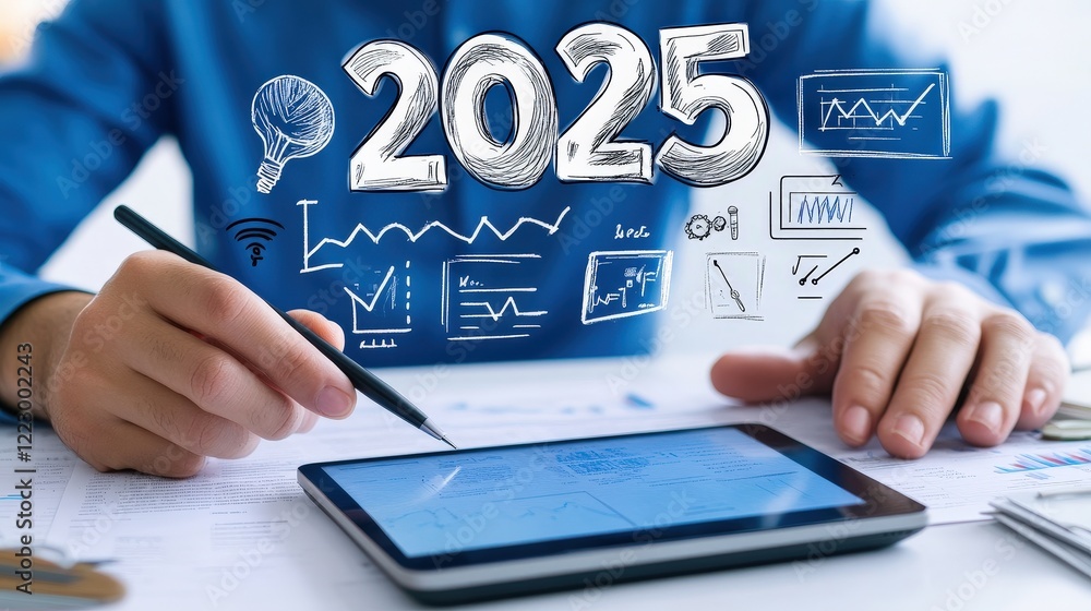 Tablet, hand writing 2025 with financial graphs and data analytics on screen. Digital marketing strategies, technology trends, and future investment planning concepts. Tablet, hand writing 2025 with financial graphs and data analytics on screen. Digital marketing strategies, technology trends, and future investment planning concepts.