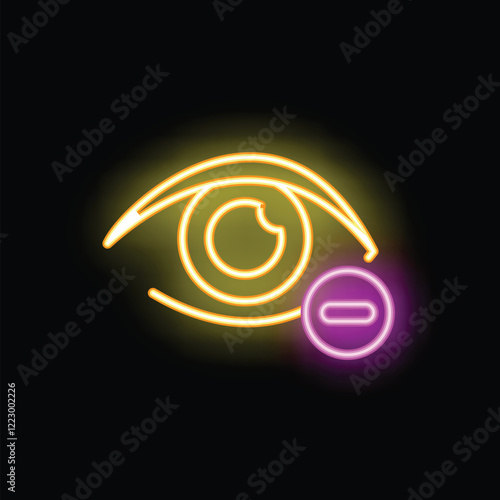Neon glowing eye with minus symbol is representing concept of blindness