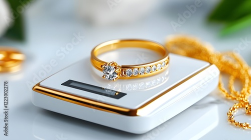 Elegant Gold Ring with Sparkling Diamonds on a Jewelry Scale