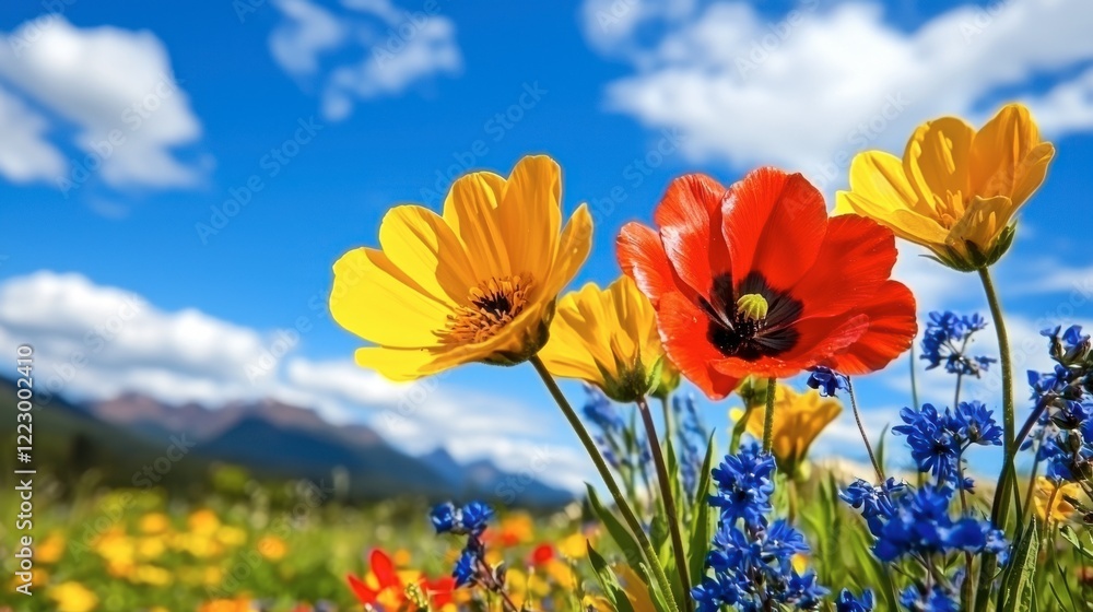 Vibrant Wildflowers Against a Blue Sky and Scenic Landscape Vibrant Wildflowers Against a Blue Sky and Scenic Landscape