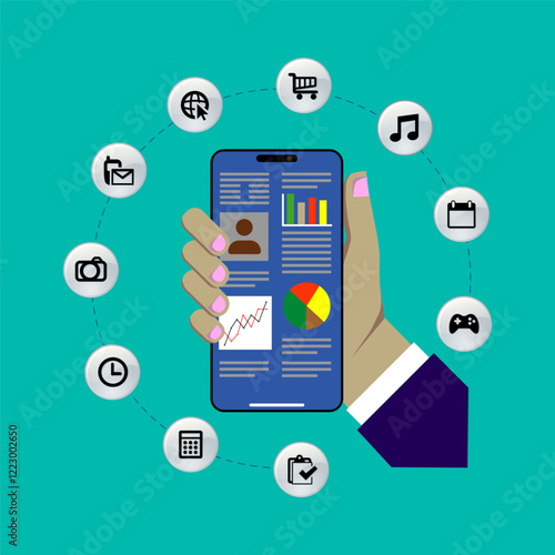 Vector illustration of a smartphone surrounded by utility icons representing mobile functions such as email, call, navigation, messaging, calendar, music, camera, shopping, and more