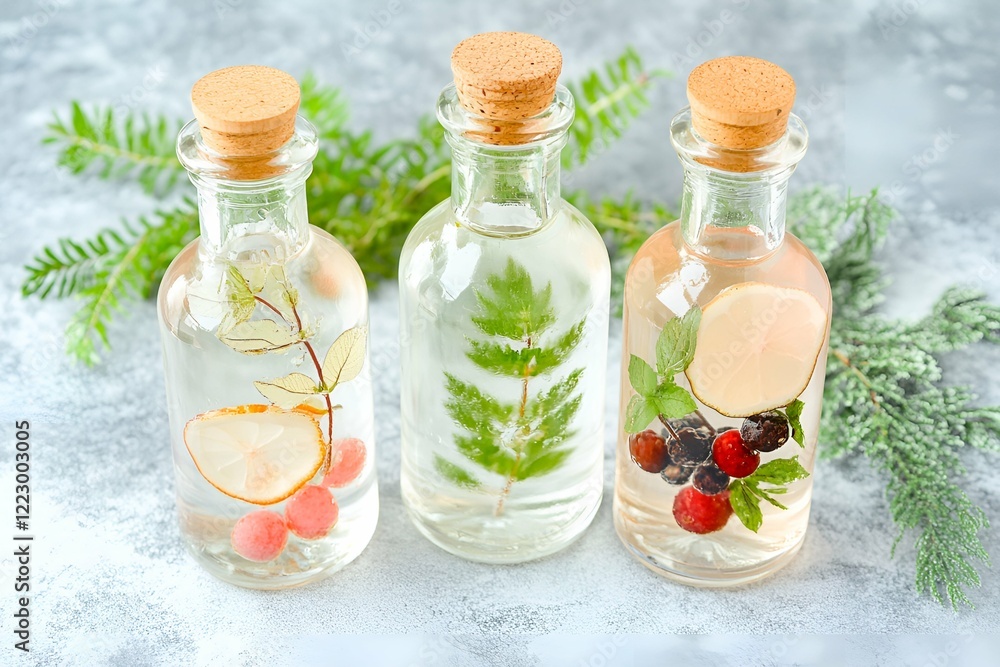 Three glass bottles filled with infused water featuring herbs, berries, and lemon slices, sealed with cork stoppers, set against a light gray surface with fresh green foliage Three glass bottles filled with infused water featuring herbs, berries, and lemon slices, sealed with cork stoppers, set against a light gray surface with fresh green foliage