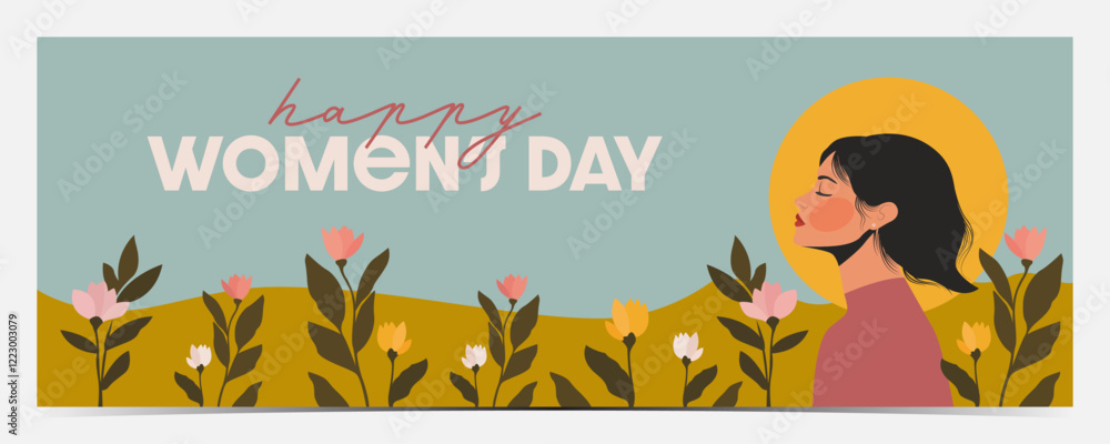 Fototapeta premium Colorful International Women's Day, March 8 banner, cover, poster, greeting card, label, flyer with beautiful woman surrounded by flowers, vector illustration