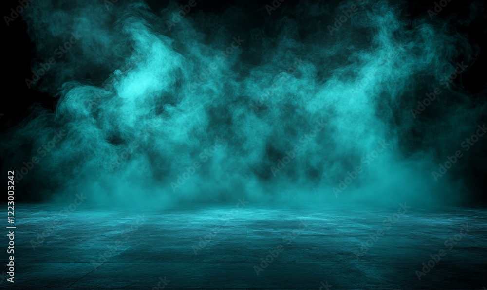 Hazy blue fog illuminated by a bright, glowing spotlight, standing out against the deep black background.