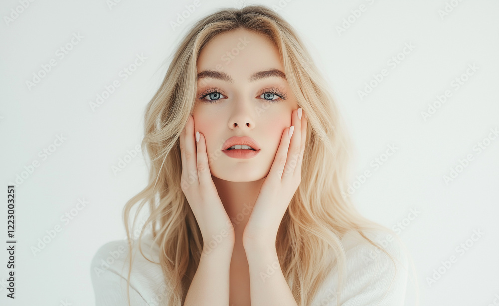 High-quality portrait of a beautiful blonde woman with flawless skin, gently touching her face, ideal for beauty and cosmetic advertisements, highlighting elegance and skincare
