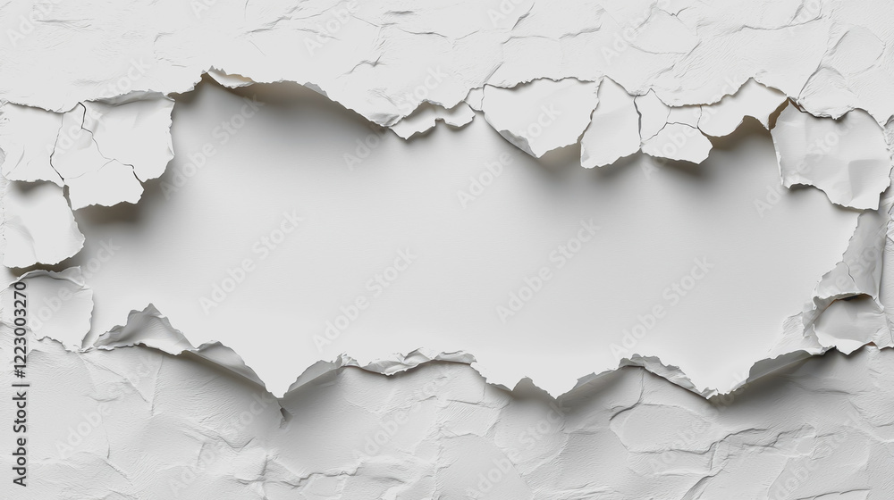 Fototapeta premium White torn wall with a circular hole in the middle exposing the interior structure behind it