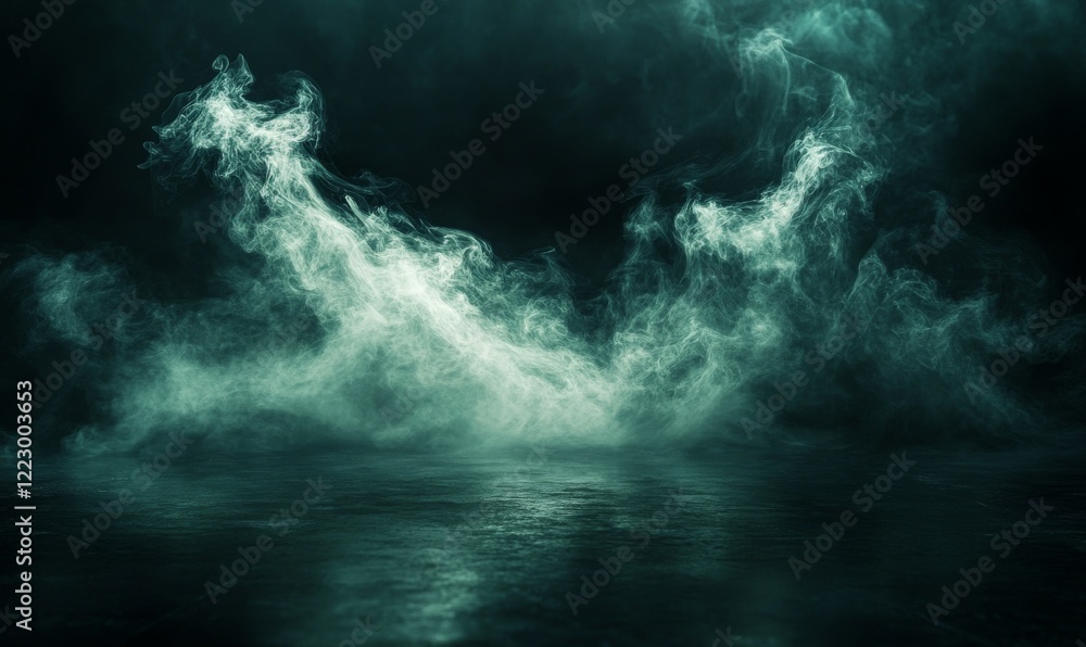 A soft veil of green misty smoke swirling elegantly against a deep, dark background.