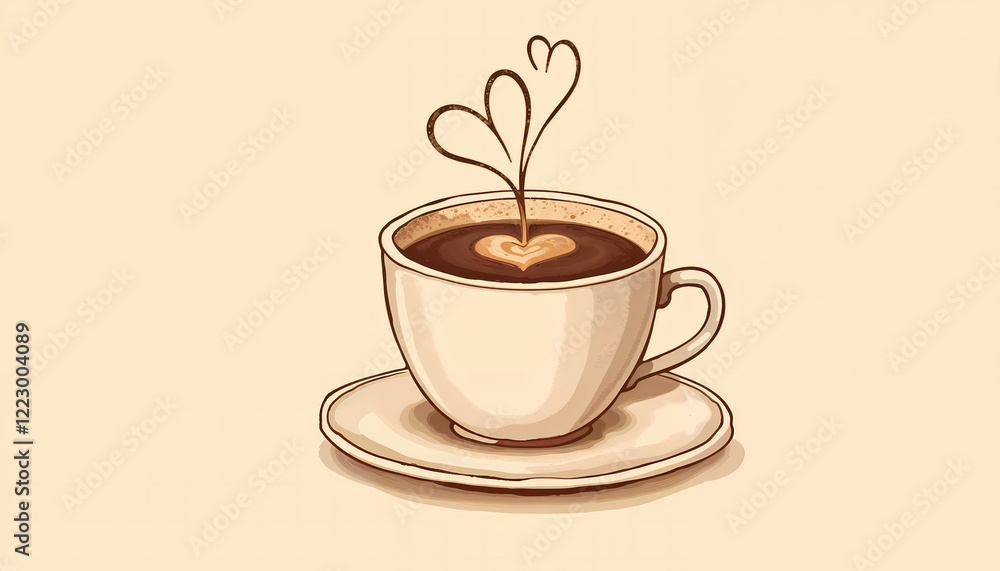 Obraz premium Coffee cup with heart-shaped steam on beige background