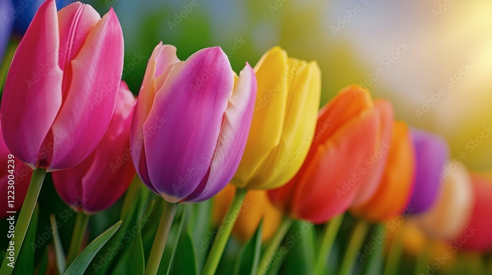 Fototapeta premium Colorful Tulips in Bloom under Soft Sunrise Light in Spring Garden