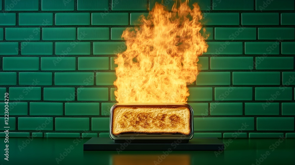 Fototapeta premium Burning Toast in a Toaster Against a Vibrant Green Brick Wall