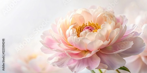 Soft pink peony flower in full bloom with delicate petals and a center filled with golden yellow stamens against a soft white background , botanical, pink peony