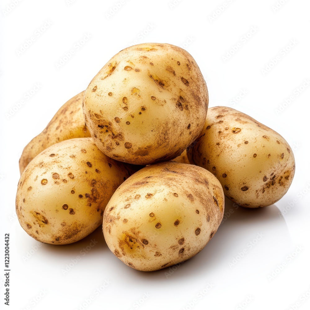 Fresh potatoes piled, studio shot, white background, food photography Fresh potatoes piled, studio shot, white background, food photography